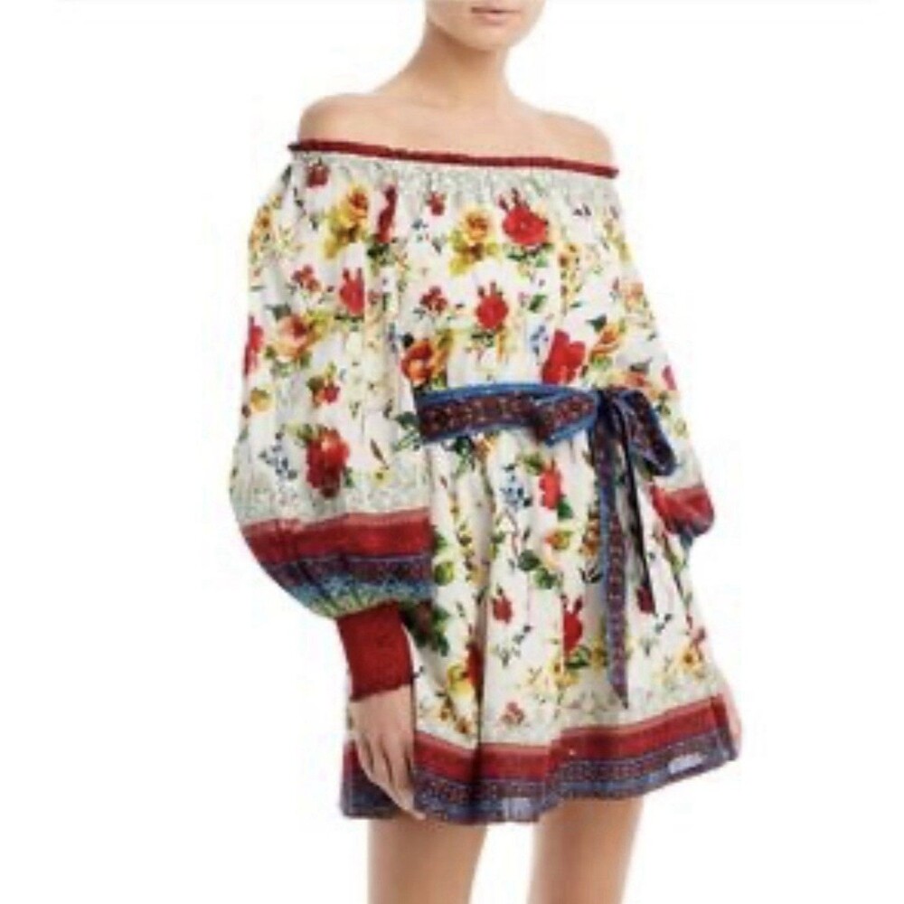 Alice Olivia Mary Belted Off Shoulder Floral Print Cotton Mini Dress lined Sz M